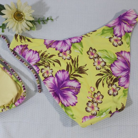 BOGO 💛 Yellow Purple Tropical Hibiscus Swimsuit Bikini Size Medium Floral - Picture 8 of 11